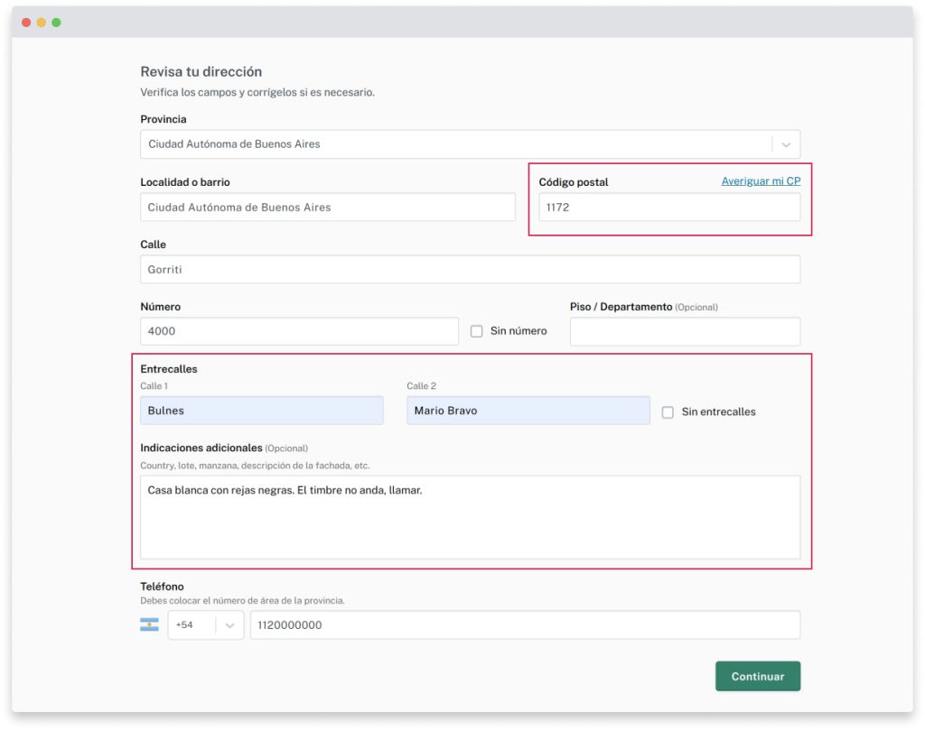 Formulario de validación de dirección con los campos de código postal, entrecalles e indicaciones adicionales destacados.